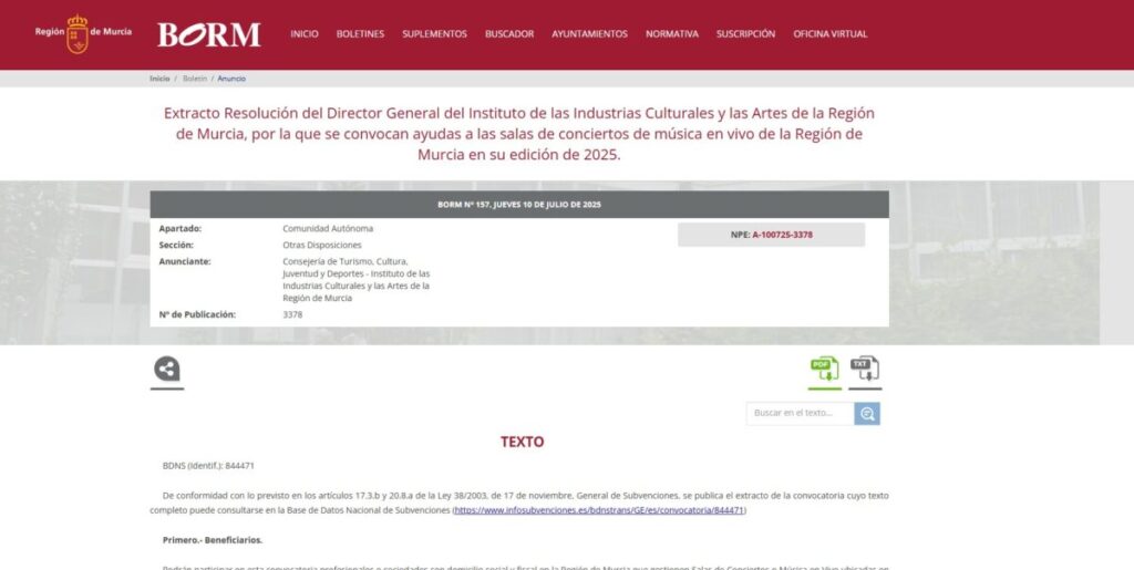 Imagen del anuncio en el BORM de la convocatoria para salas de música en vivo. (CARM)